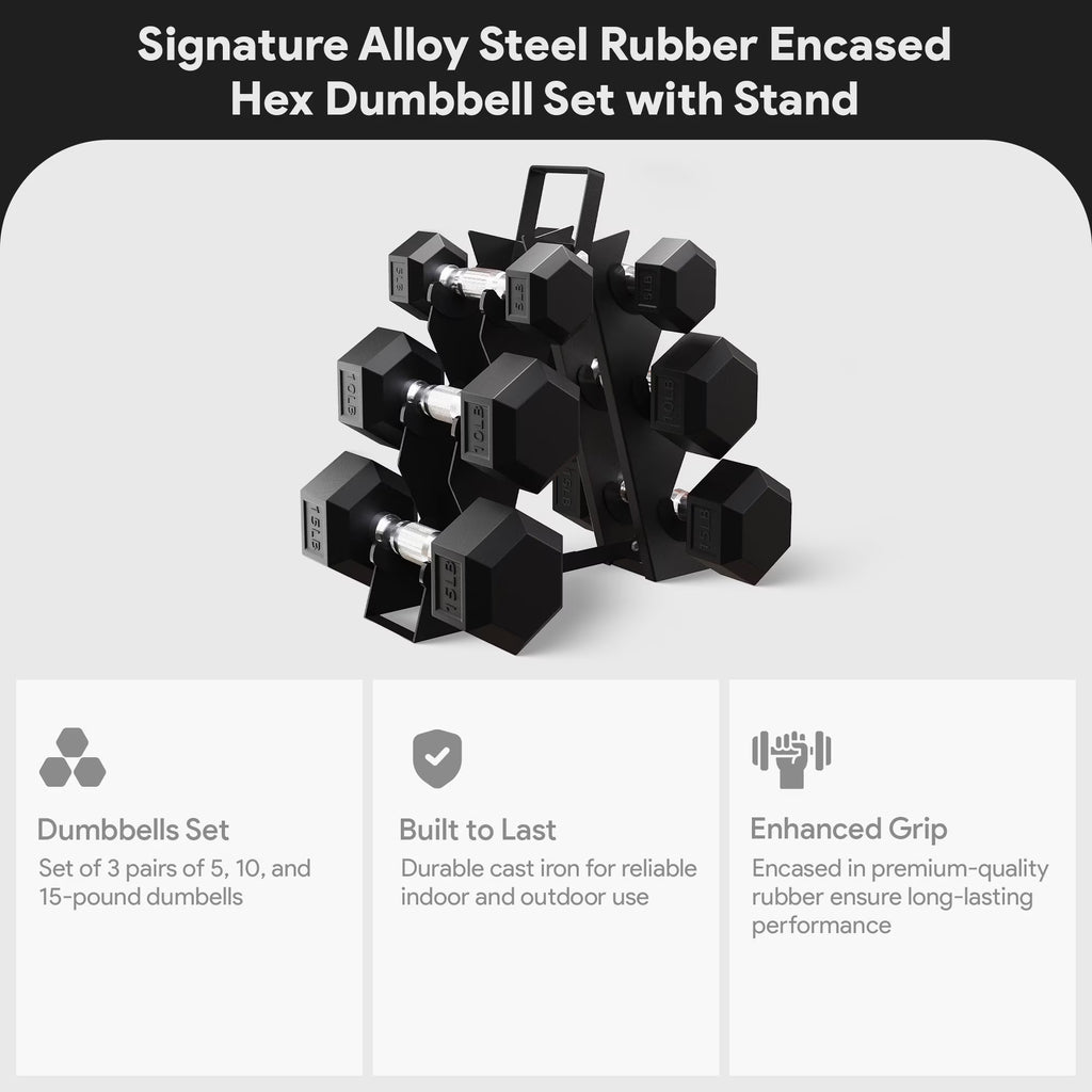 60 Lb Rubber Coated Iron Dumbbell Hex Weights Set with A-Frame Rack, Black