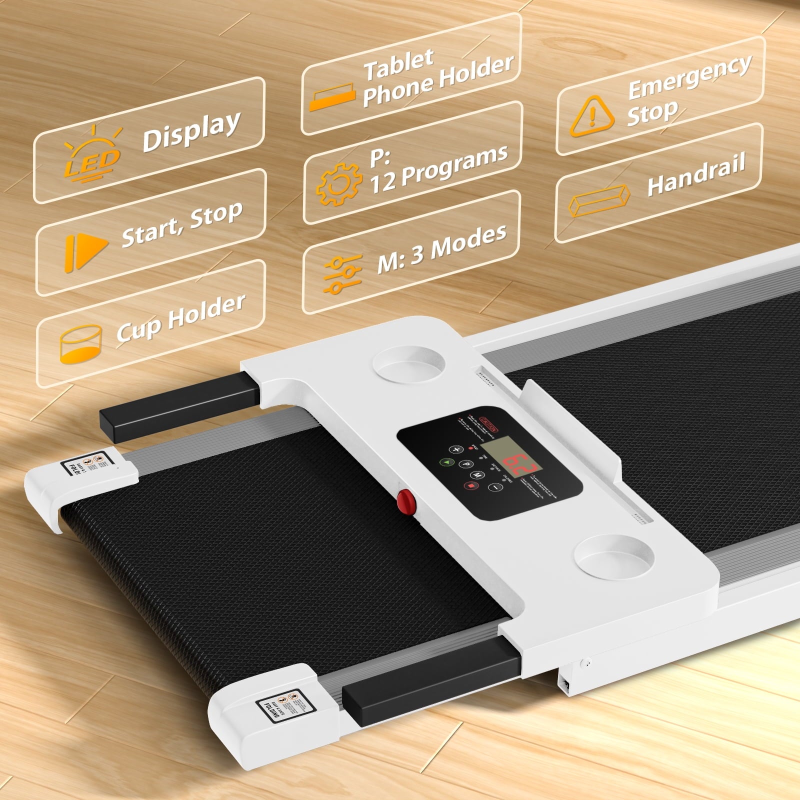 Transform Your Home Workouts with the Compact 3.0 HP Foldable Treadmill - 300 lb Capacity, LED Display & 12 Programs in Sleek White