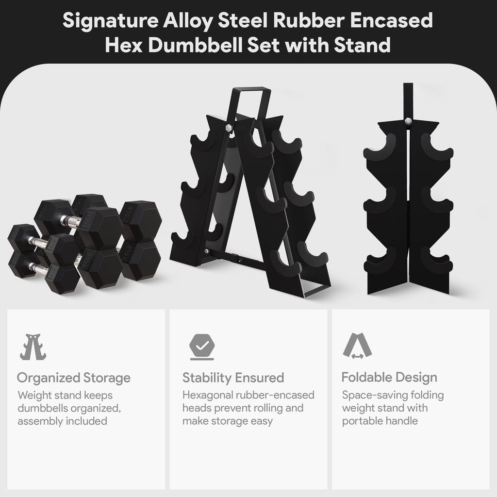 60 Lb Rubber Coated Iron Dumbbell Hex Weights Set with A-Frame Rack, Black