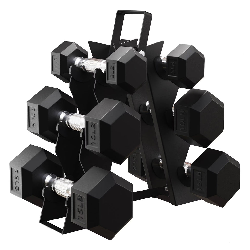 60 Lb Rubber Coated Iron Dumbbell Hex Weights Set with A-Frame Rack, Black