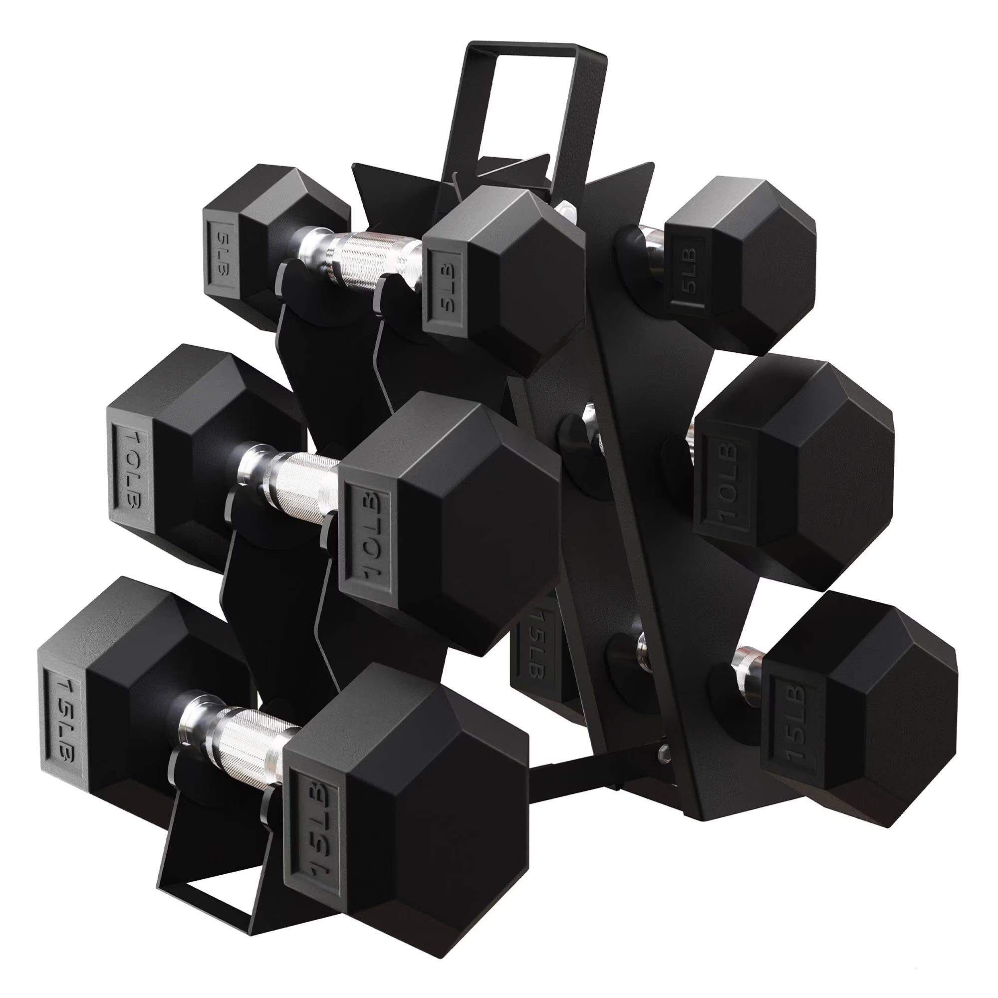 60 Lb Rubber Coated Iron Dumbbell Hex Weights Set with A-Frame Rack, Black