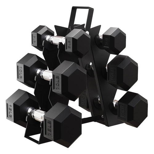 60 Lb Rubber Coated Iron Dumbbell Hex Weights Set with A-Frame Rack, Black