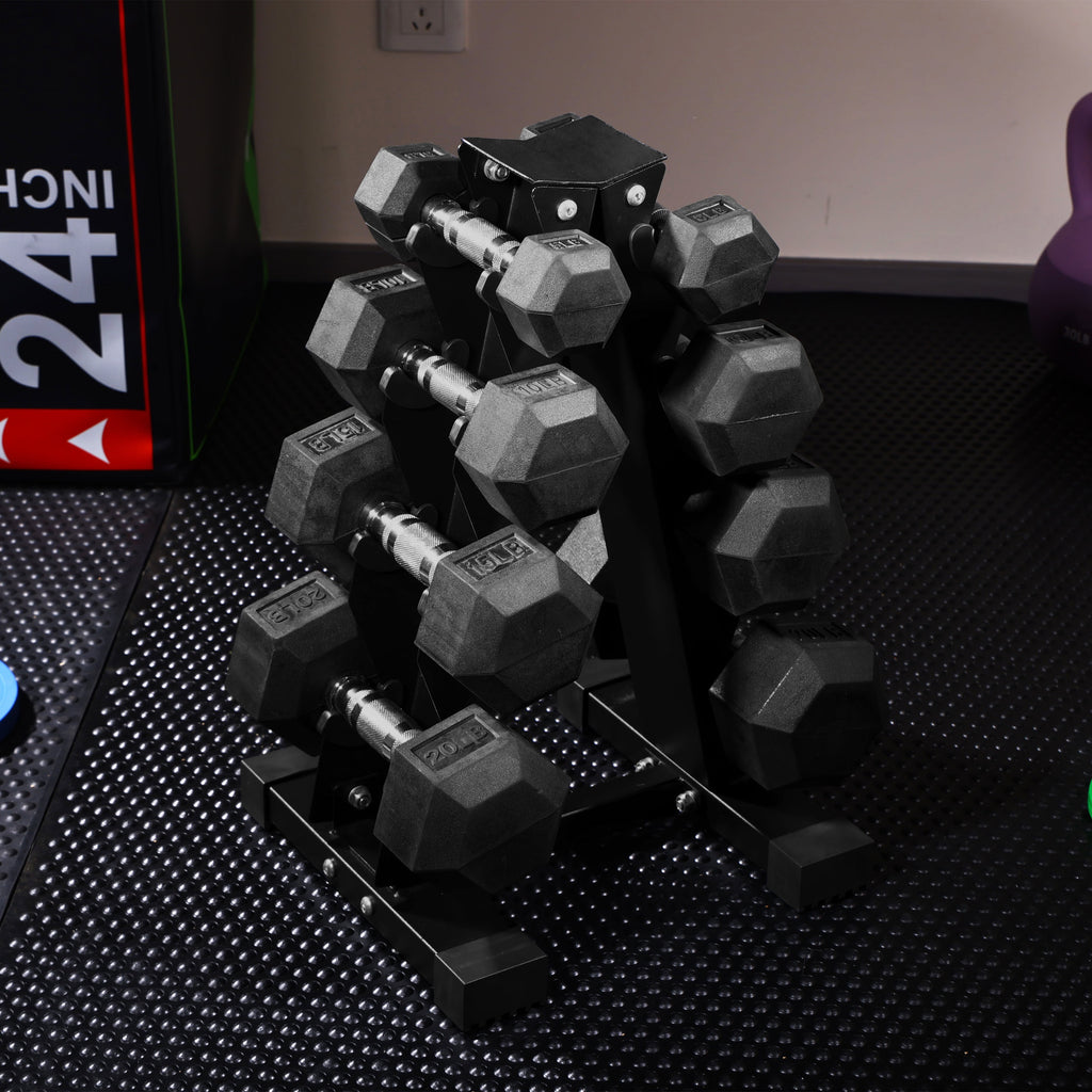 100LB Rubber Coated Hex Dumbbell Weight Set with A-Frame Rack, 5-20 Lbs Pairs