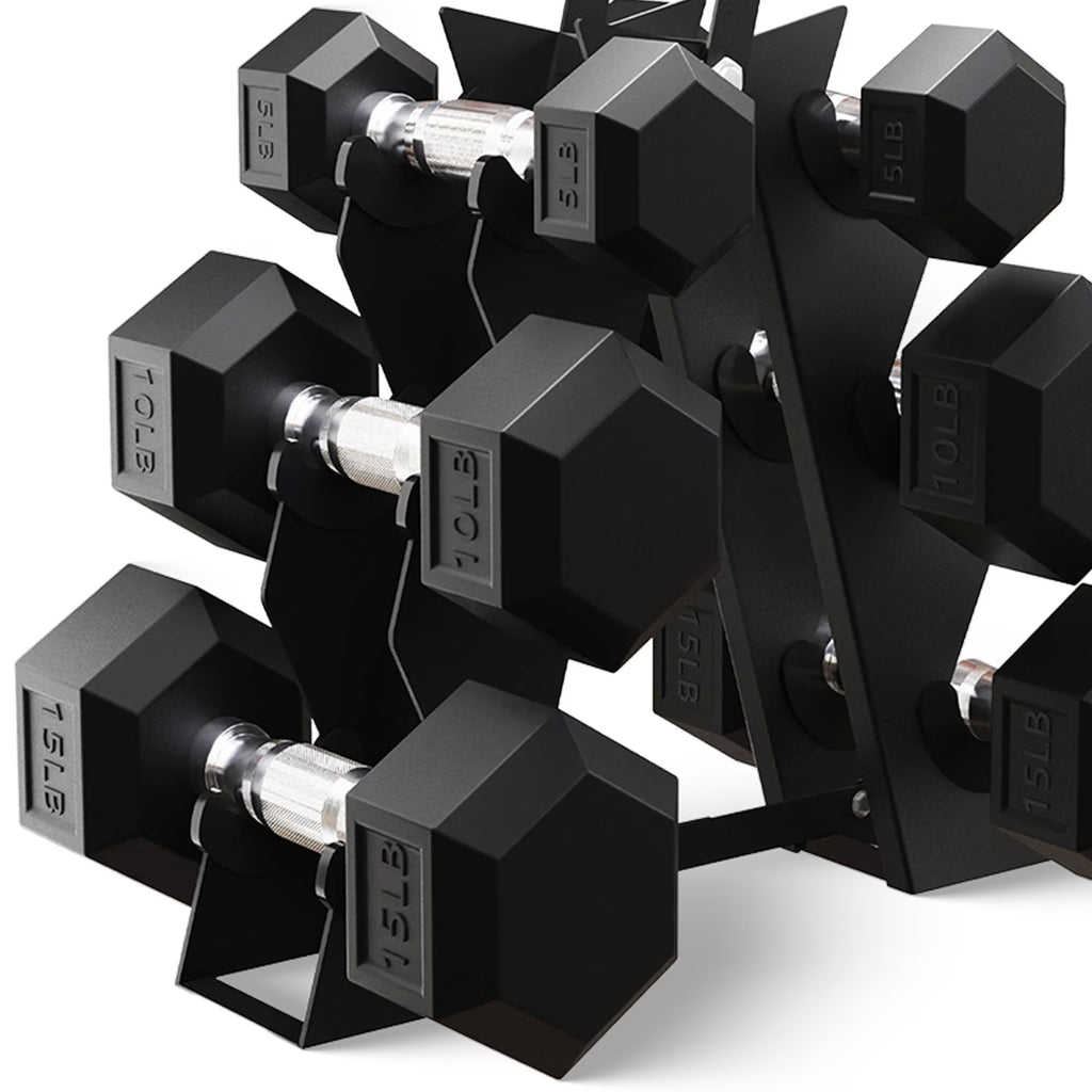 60 Lb Rubber Coated Iron Dumbbell Hex Weights Set with A-Frame Rack, Black