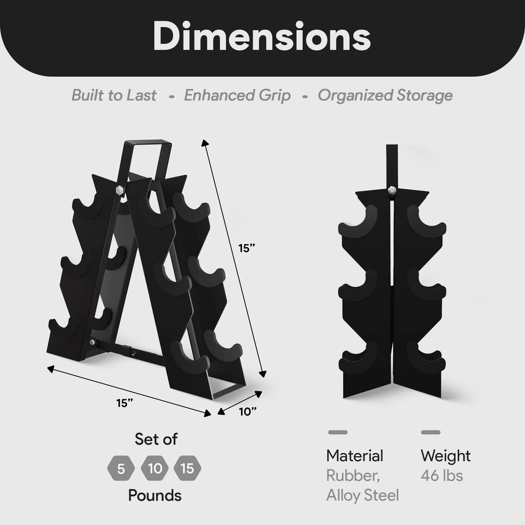 60 Lb Rubber Coated Iron Dumbbell Hex Weights Set with A-Frame Rack, Black