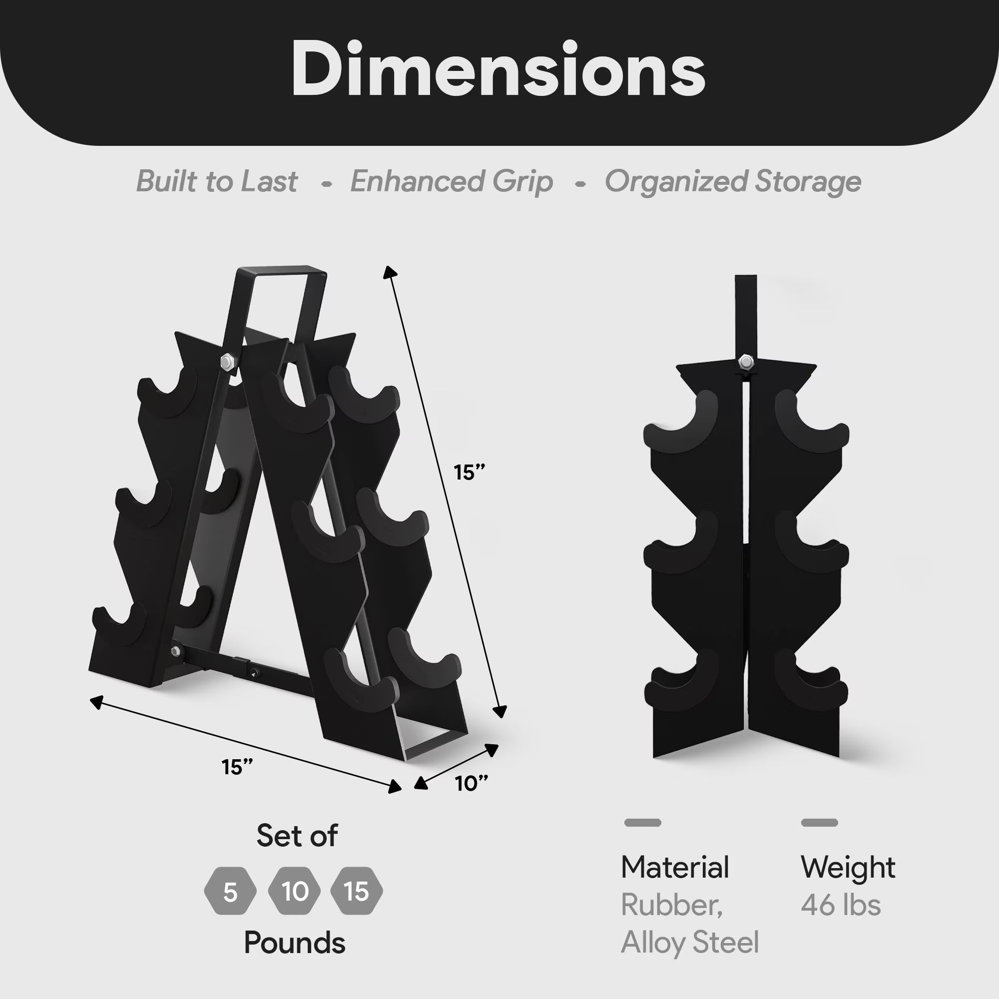 60 Lb Rubber Coated Iron Dumbbell Hex Weights Set with A-Frame Rack, Black